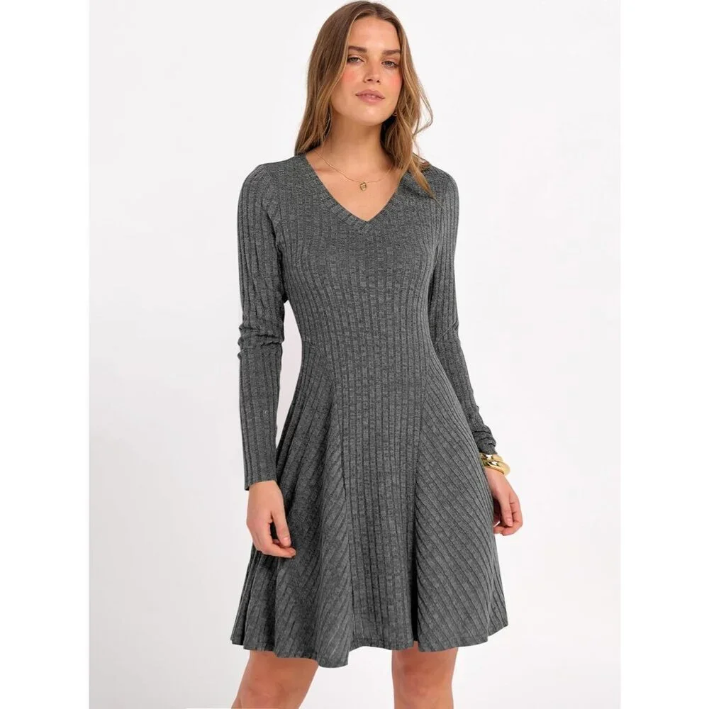 Women's Long Sleeve Ribbed Short Dresses V Neck Swing Sweater Dress Deep Grey - Picture 2 of 7